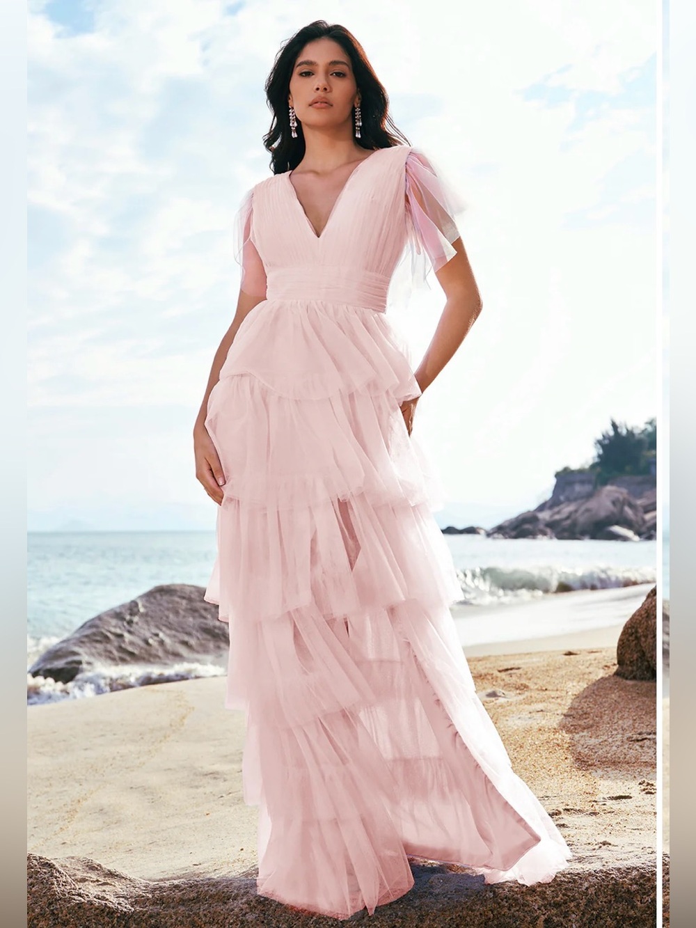 Pink Layered Tulle V-Neck Dress Size 2